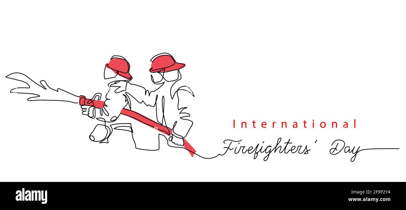 Due Fireman con tubo in caschi rossi. Lettering International Firefighters day.One disegno a linea continua vettoriale illustrazione di vigili del fuoco Illustrazione Vettoriale