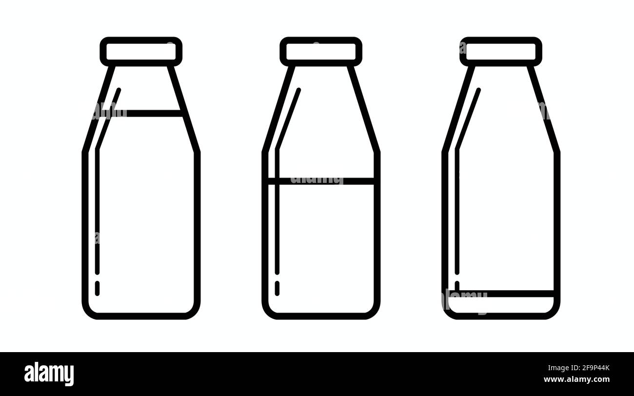 Set di icone bottiglie di latte. Set Vector isolato in bianco e nero di diversi biberon per il latte. Illustrazione Vettoriale