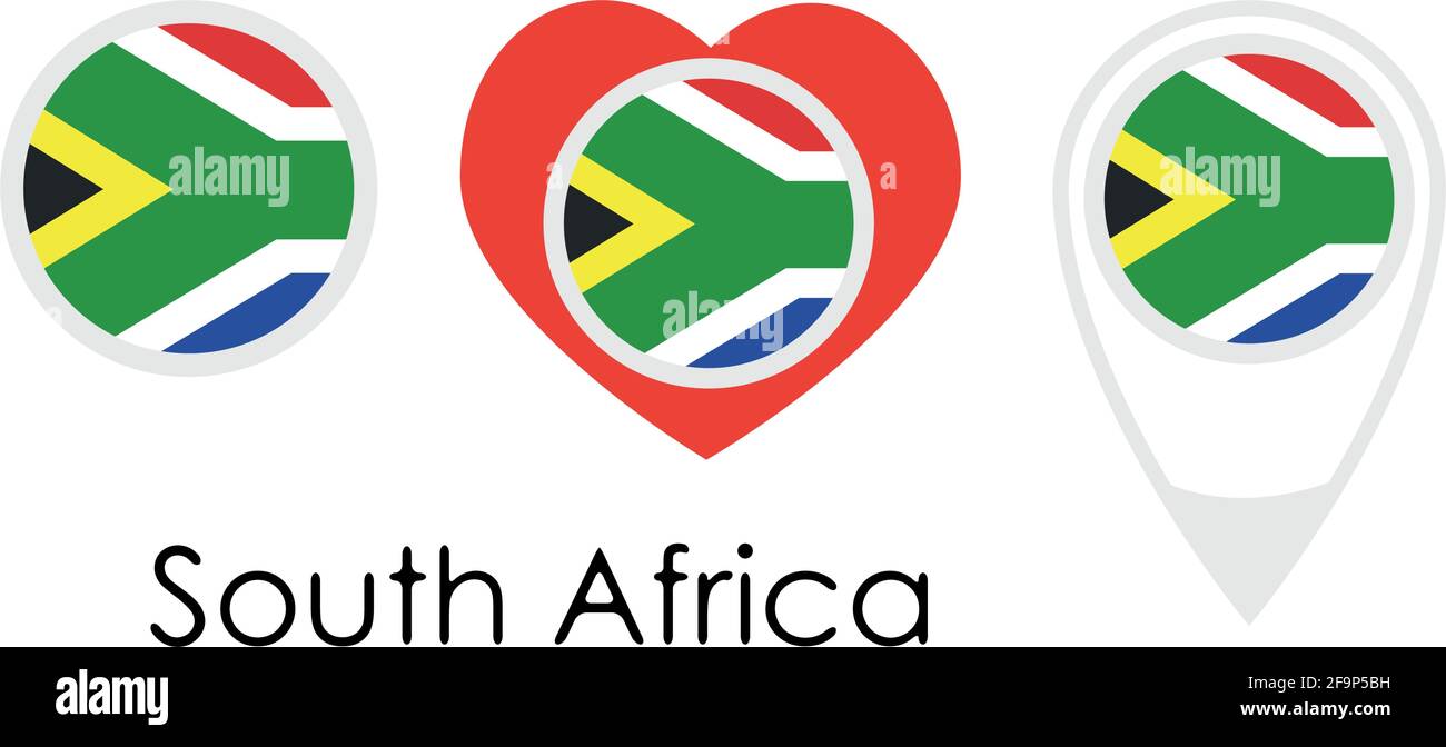 Bandiera nazionale del Sud Africa, icona rotonda, icona del cuore e simbolo della posizione, vettore Illustrazione Vettoriale