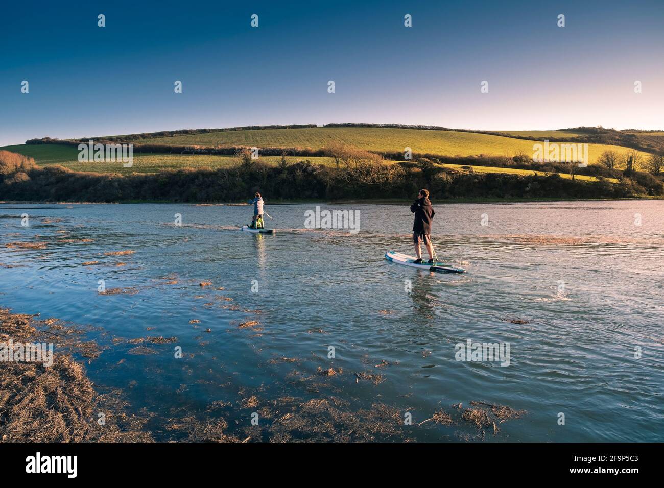 Una famiglia di vacanzieri che si divertono a pagaiare le loro tavole Stand Up in alta marea sul fiume Gannel a Newquay in Cornovaglia. Foto Stock