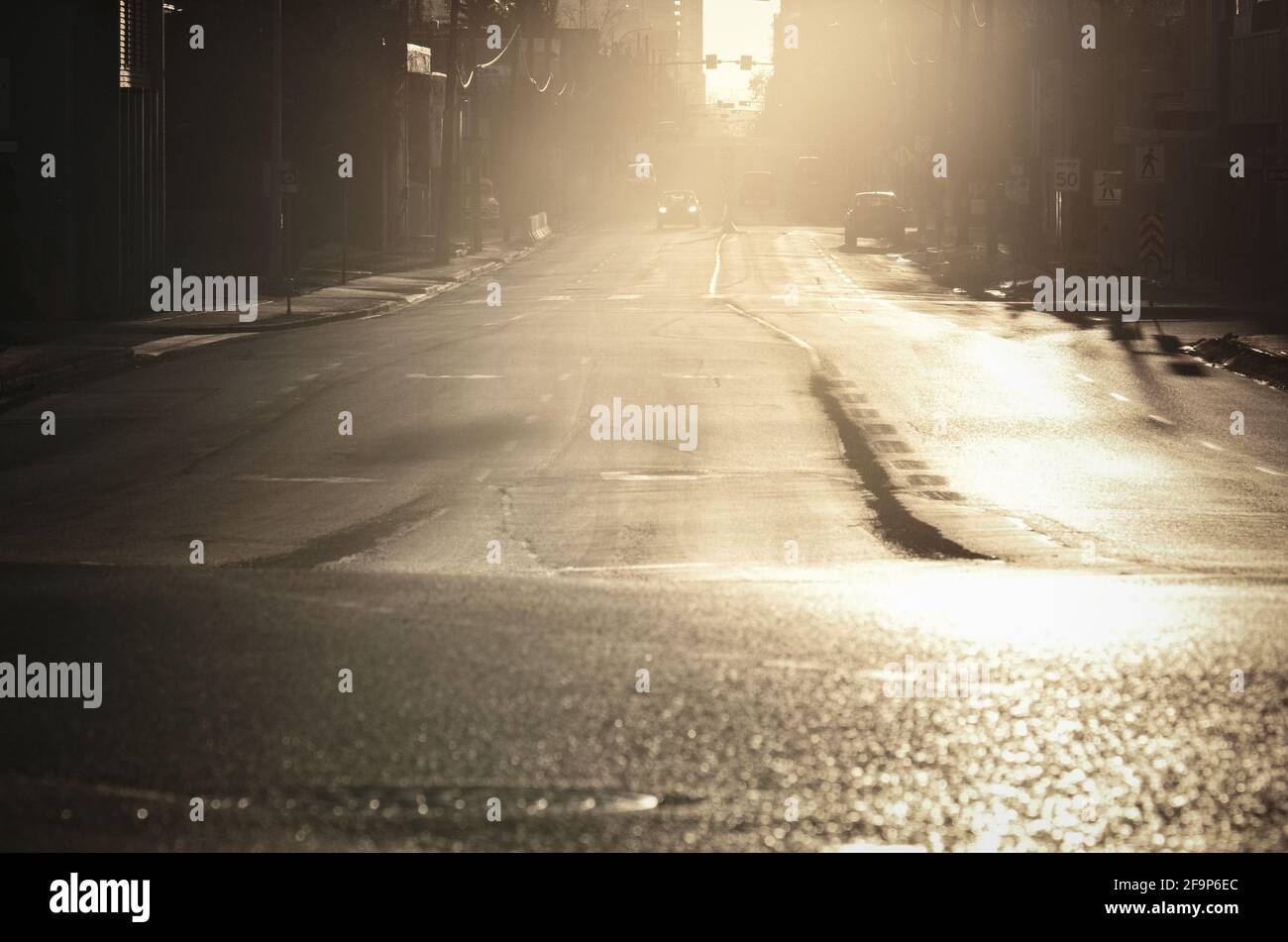 Luce solare bagnata pavimentazione, Calgary, AB Foto Stock