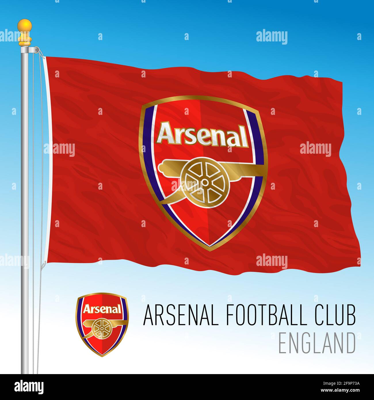 Europa, anno 2021, bandiera Arsenal Football Club e stemma squadra nel nuovo campionato Super League, illustrazione vettoriale Foto Stock