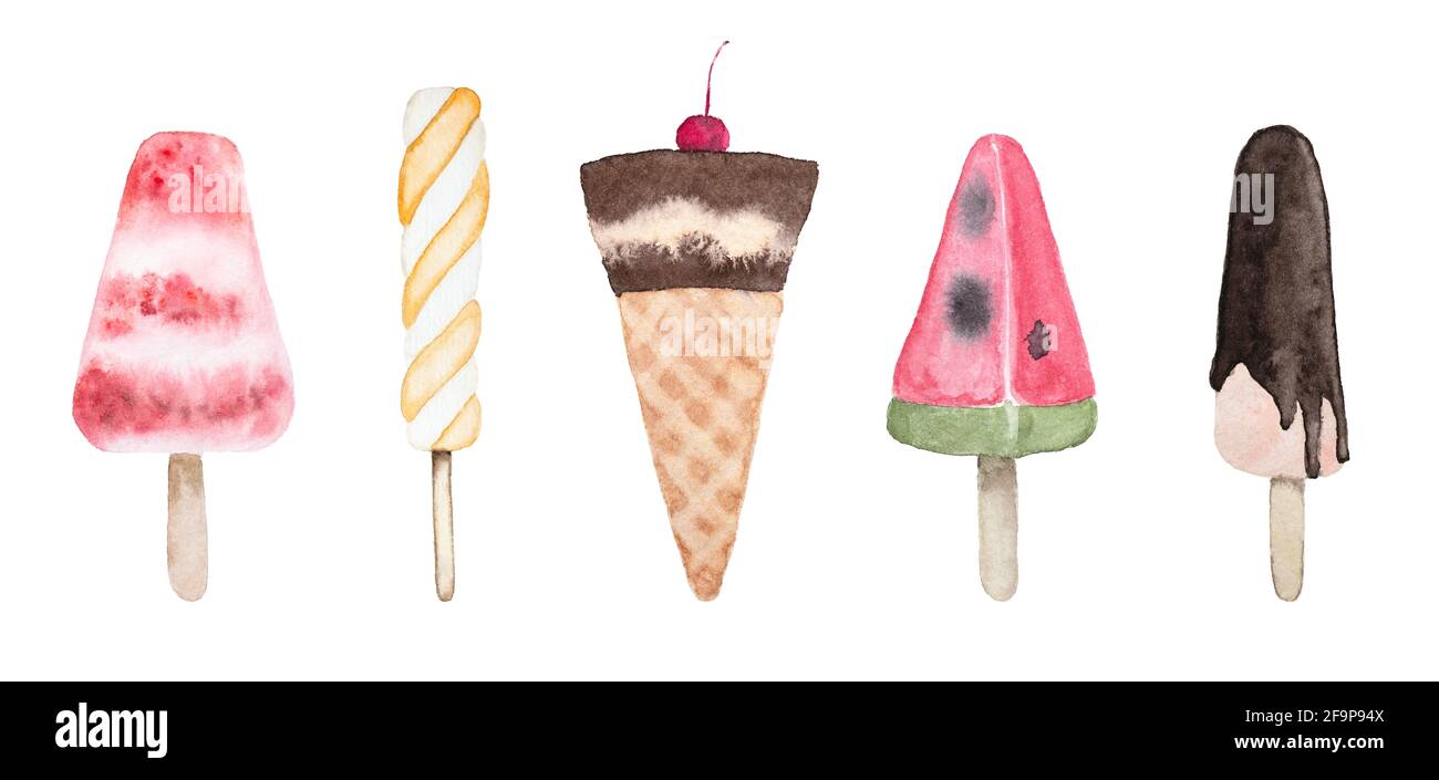 Disegno acquerello di cinque varietà di gelato con papsicle cono e diversi gelati di frutta sotto forma di cocomero e bastone giallo e bianco Foto Stock