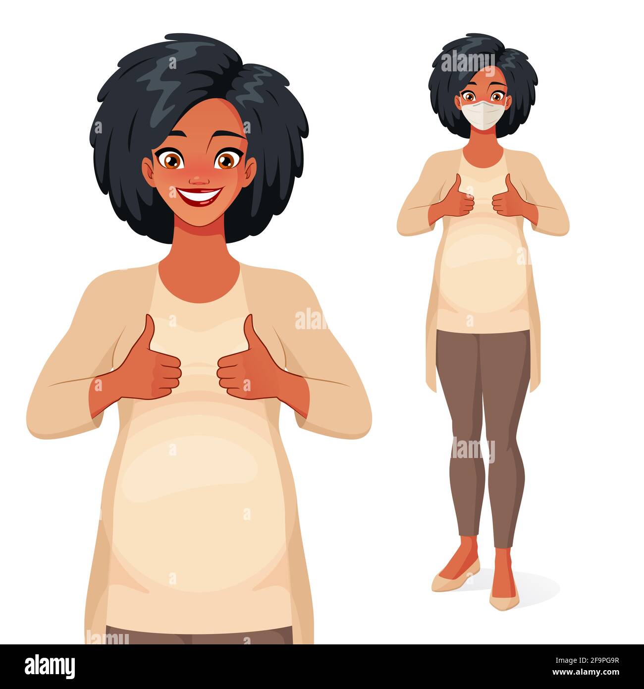 Donna incinta africana sorridente che mostra i pollici in su. Illustrazione vettoriale. Illustrazione Vettoriale