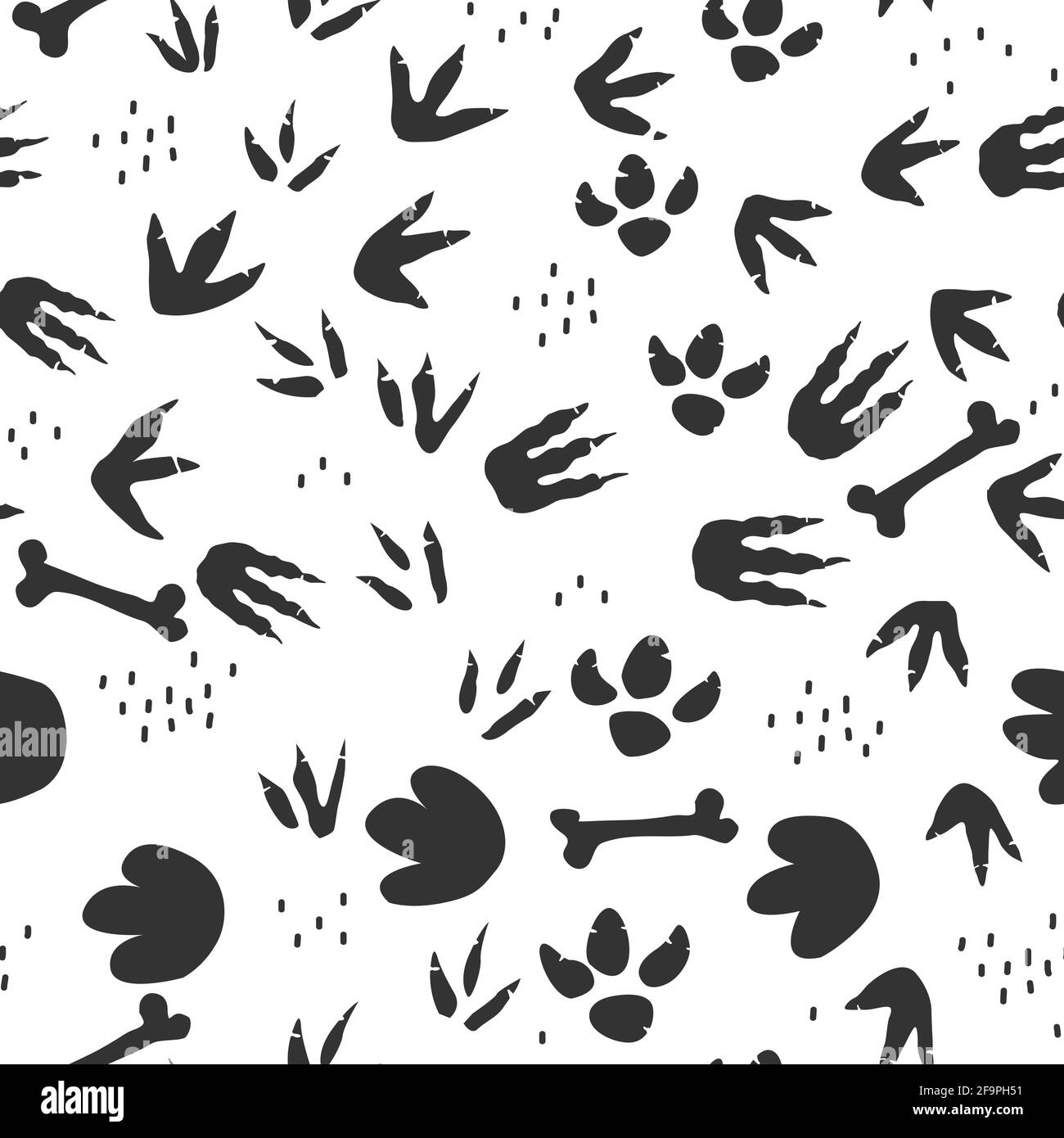 I piedi dei dinosauri sono un motivo senza cuciture. Sfondo con piedi dinosauri tracce passi. Percorso degli animali Jurassic. Illustrazione vettoriale per tessuti o pavimenti per bambini Illustrazione Vettoriale