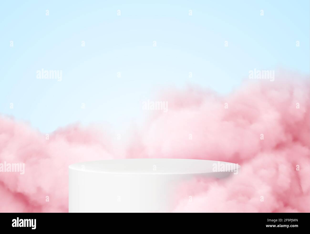 Sfondo blu con un podio prodotto circondato da nuvole rosa. Fumo, nebbia, fondo del vapore. Illustrazione vettoriale Illustrazione Vettoriale