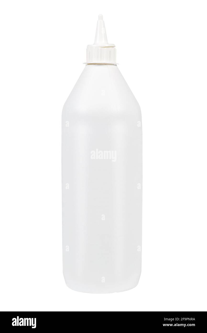 Flacone in plastica bianca con punta stretta per colla o altro liquido, senza etichetta isolata su sfondo bianco. Foto Stock