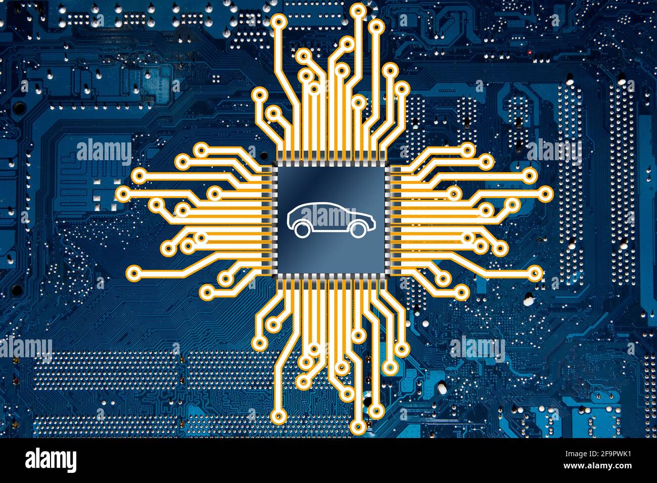 Un'illustrazione che rappresenta un circuito stampato di un computer e un chip di un'auto. Foto Stock