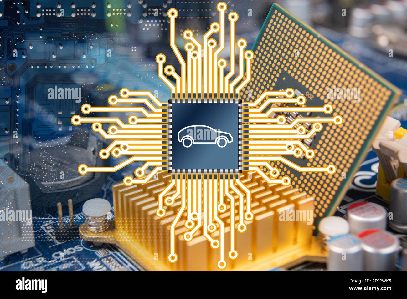 Un'illustrazione che rappresenta un circuito stampato di un computer e un chip di un'auto. Foto Stock