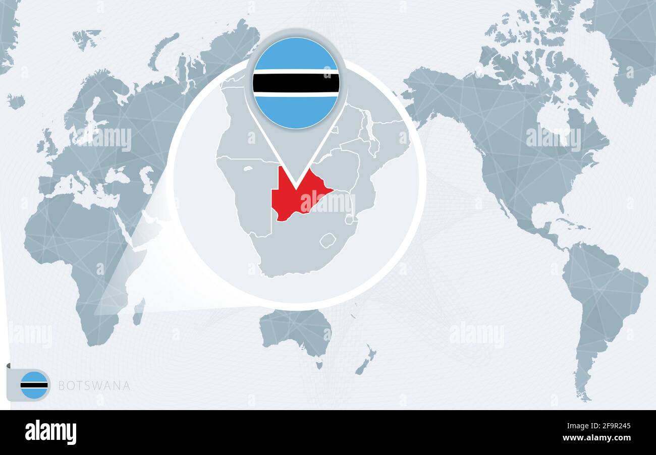 Mappa del mondo centrata sul Pacifico con il Botswana ingrandito. Bandiera e mappa del Botswana sull'Asia nella Mappa del Centro Mondiale. Illustrazione Vettoriale