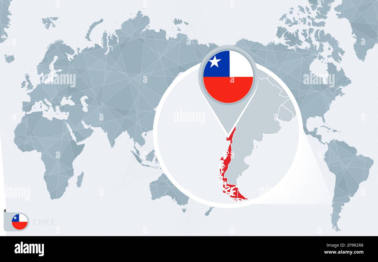 Mappa del mondo centrata sul Pacifico con il Cile ingrandito. Bandiera e mappa del Cile sull'Asia nella Mappa del Centro mondo. Illustrazione Vettoriale