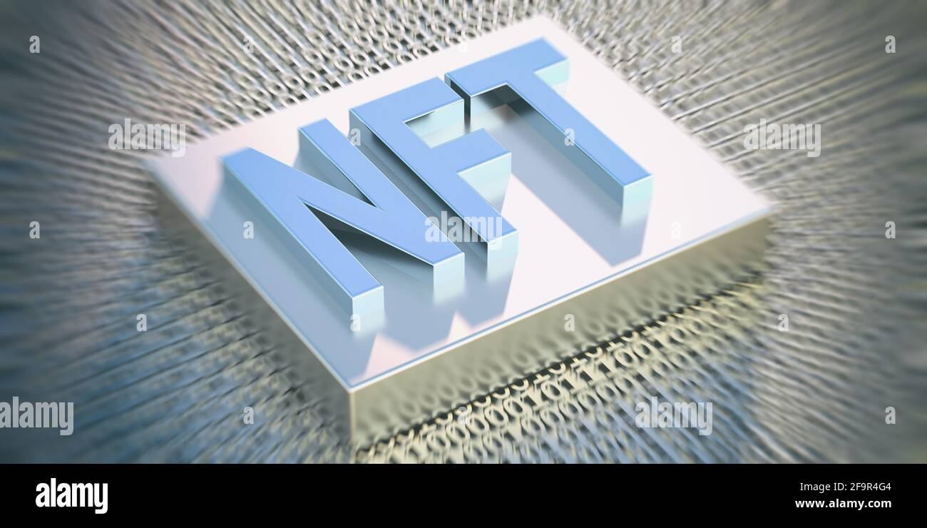 NFT non fungibile Token testo blu su sfondo di tecnologia binaria. Token crittografico, risorsa blockchain, concetto di crittografia. illustrazione 3d Foto Stock