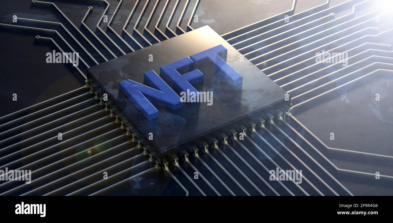 Testo blu NFT su sfondo di tecnologia astratta scuro. Gettone non fungibile, attività blockchain, concetto di cripto art. illustrazione 3d Foto Stock
