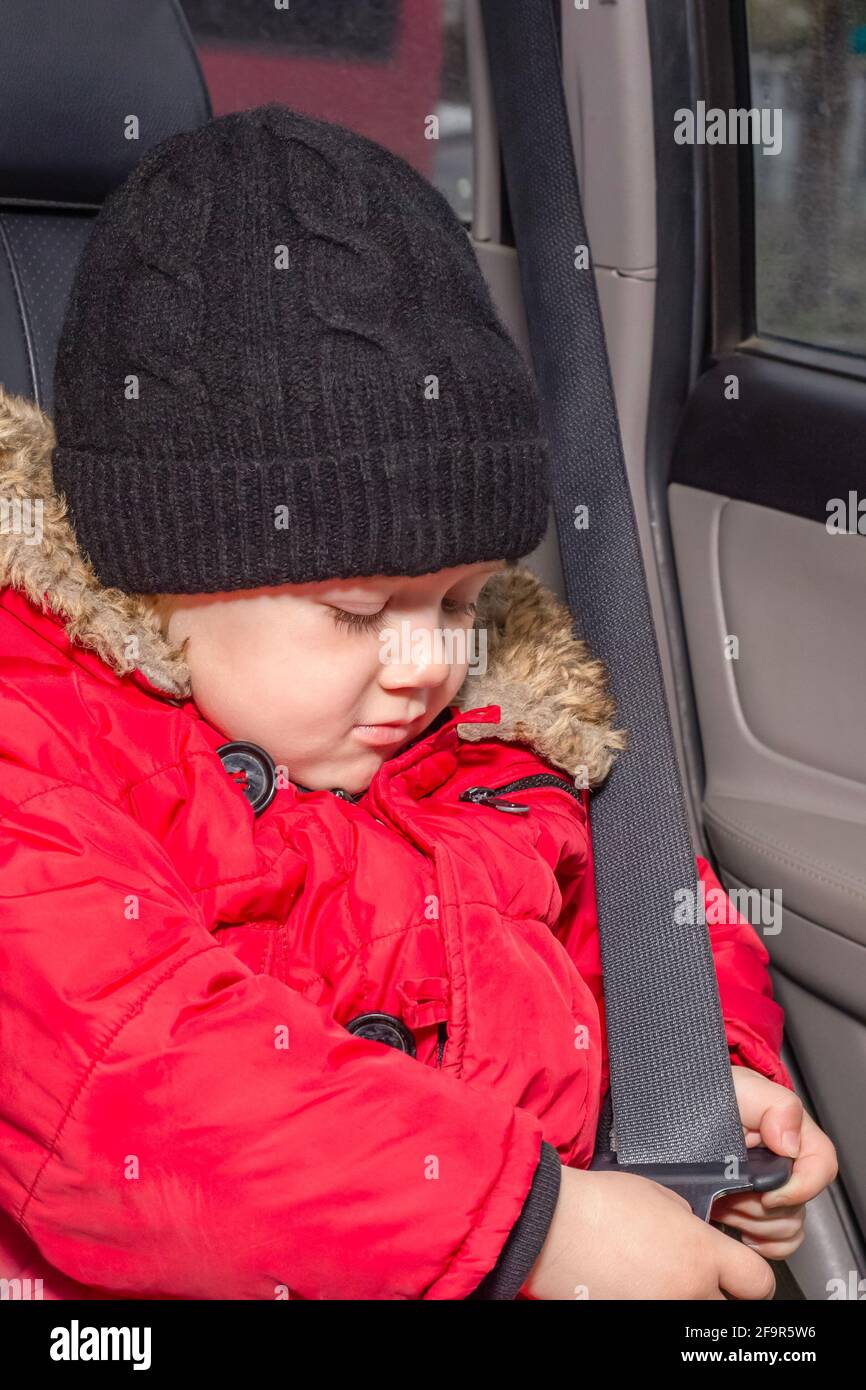Trasporto di bambini piccoli in auto. Un ragazzo in una giacca rossa si siede in un'auto che non è dotata di un sistema di ritenuta per bambini e cerca di allacciare i suoi Foto Stock