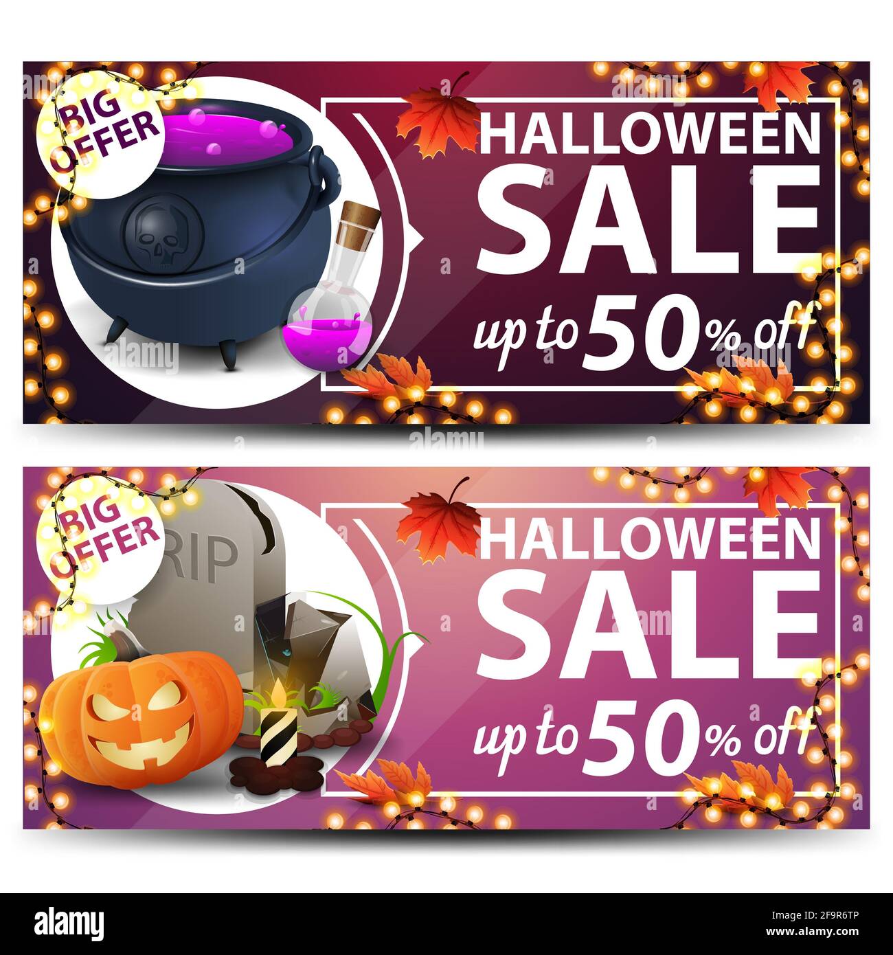 Imposta i banner di Halloween, fino a 50 di sconto. Banner sconto rosa e viola per la vostra azienda Foto Stock