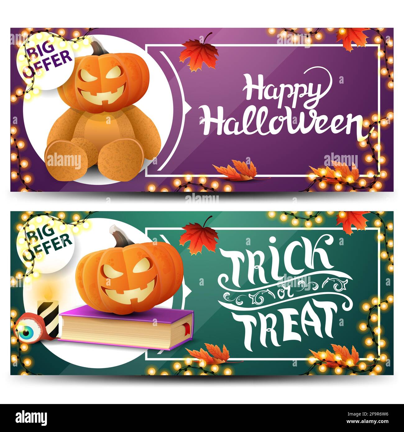 Impostare gli striscioni orizzontali di Halloween. Biglietti d'auguri viola e verde per le tue arti con belle icone Foto Stock