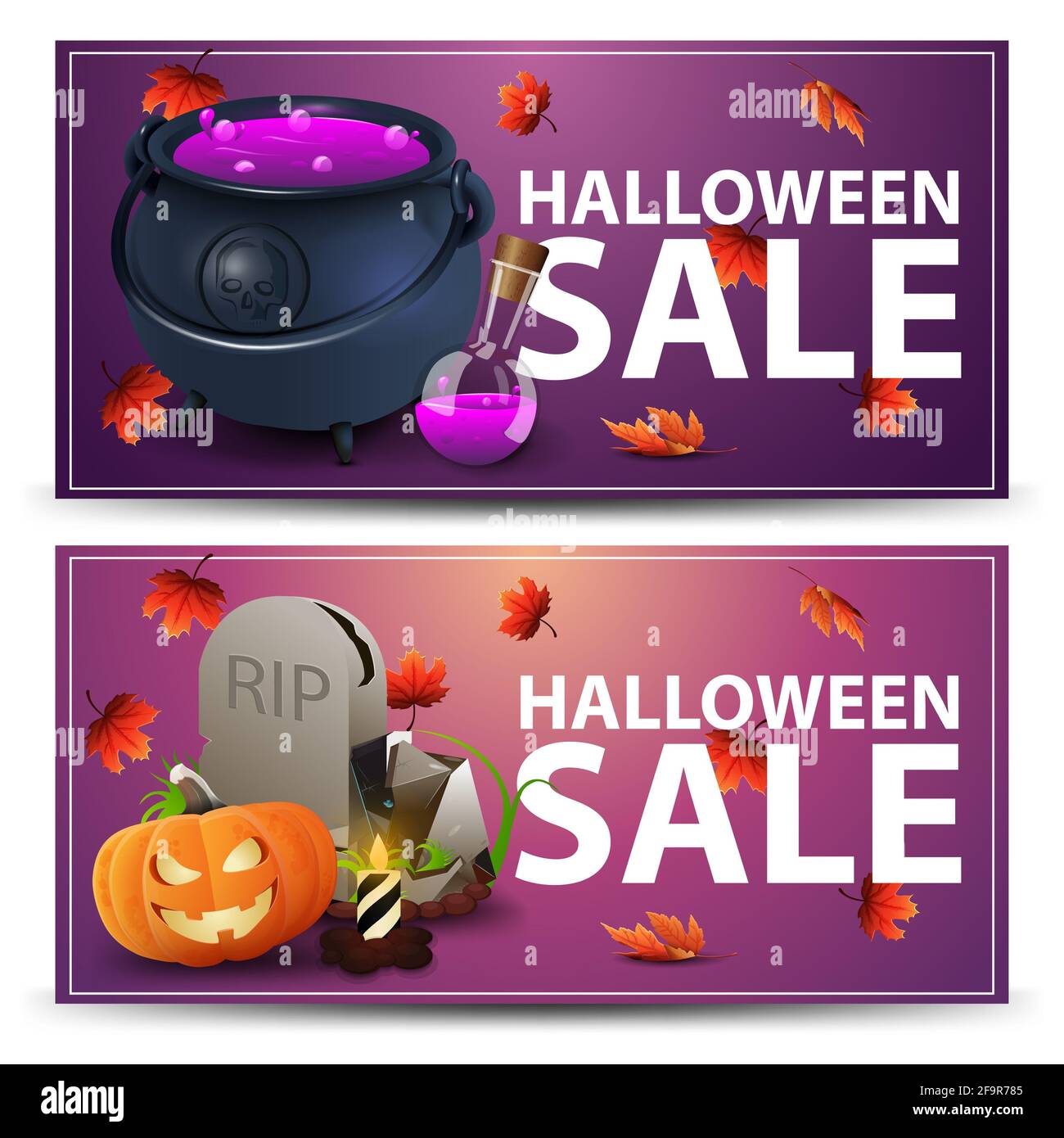 Imposta i banner di sconto di Halloween. Banner sconto rosa e viola per la vostra azienda Foto Stock