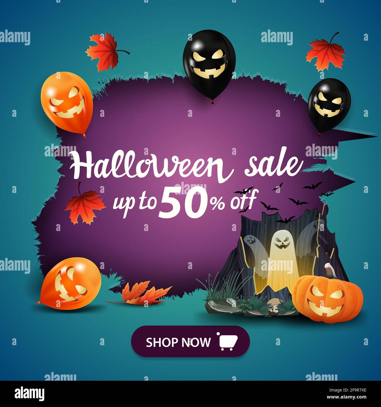 Vendita di Halloween, fino a 50 di sconto, banner blu quadrato con buco in carta, palloncini di Halloween, foglie d'autunno, portale con fantasmi e Jack zucca Foto Stock