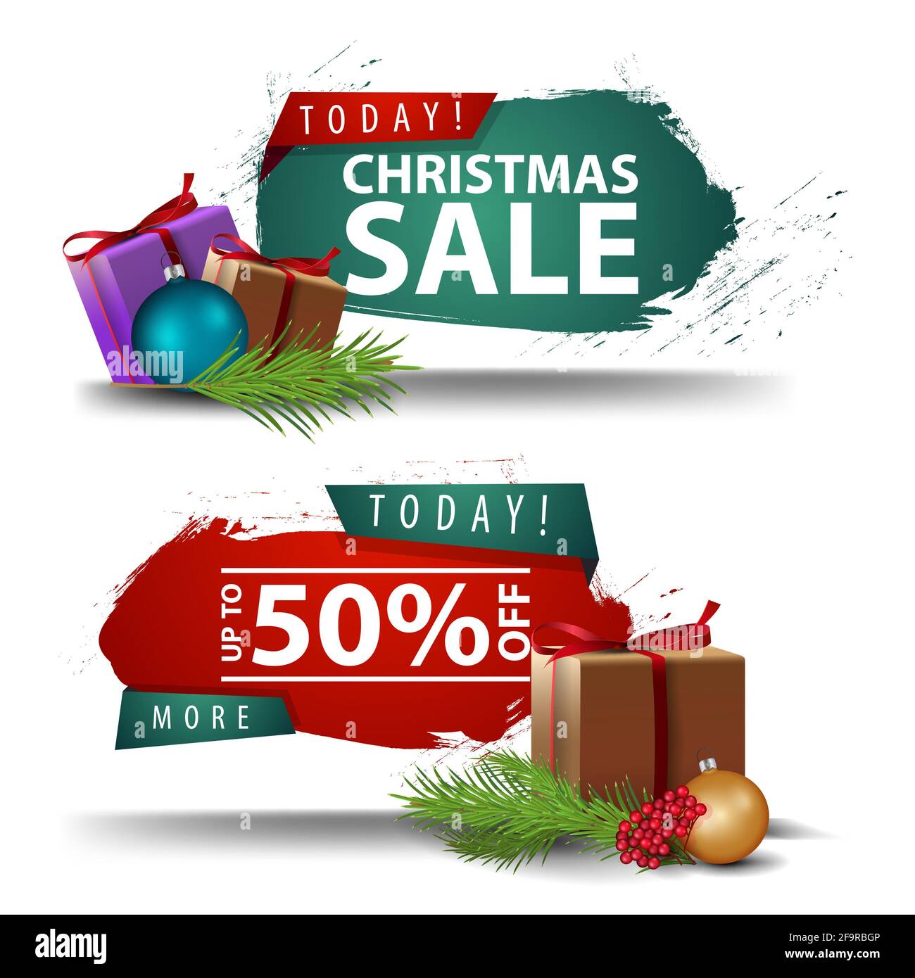 Banner sconto natalizio con regali isolati su sfondo bianco. Foto Stock