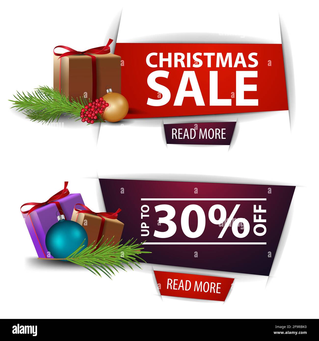 Banner sconto natalizio con regali isolati su sfondo bianco. Modelli rosso e viola Foto Stock