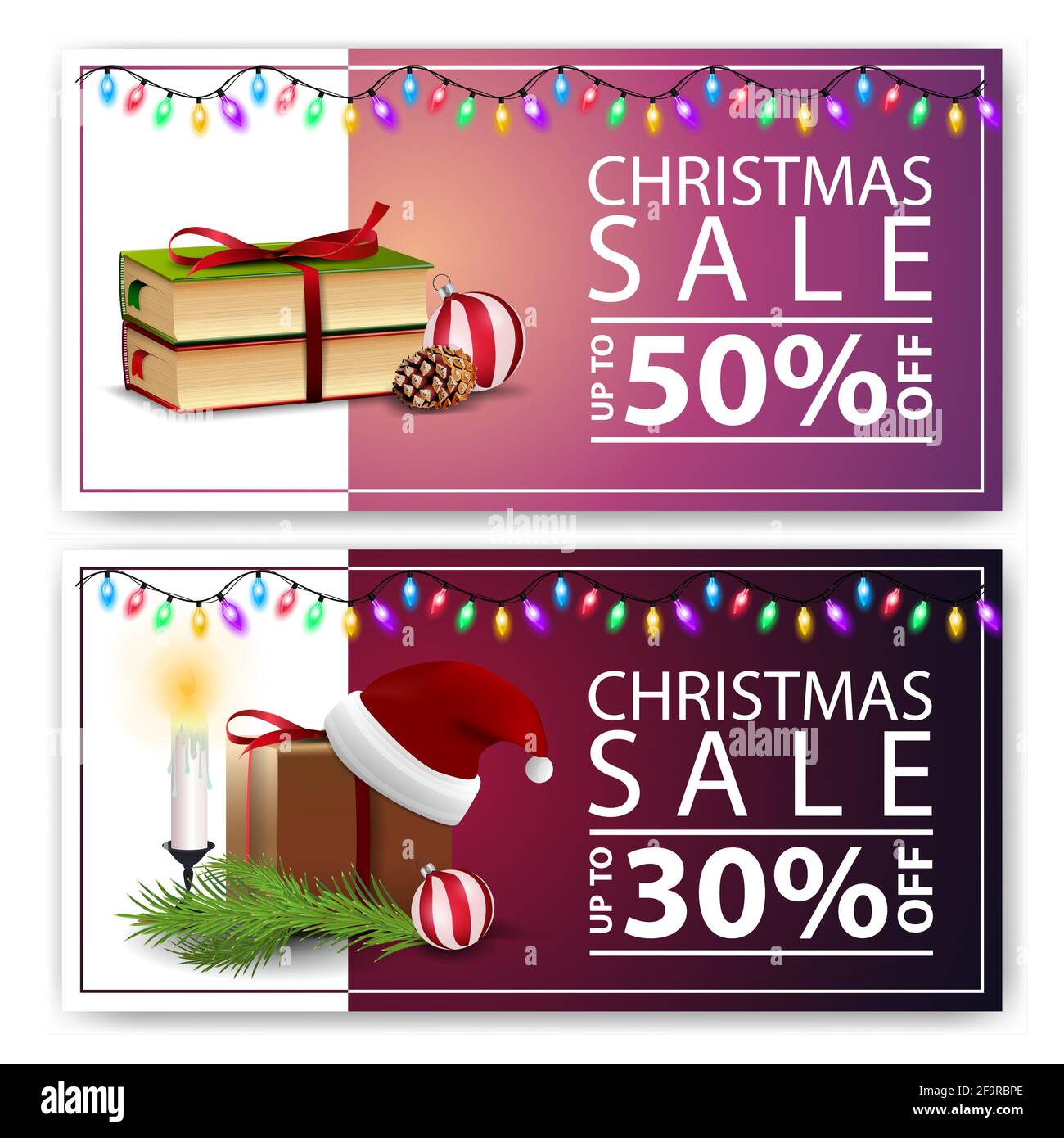 Banner sconto natalizio isolati su sfondo bianco. Modelli rosa e viola Foto Stock