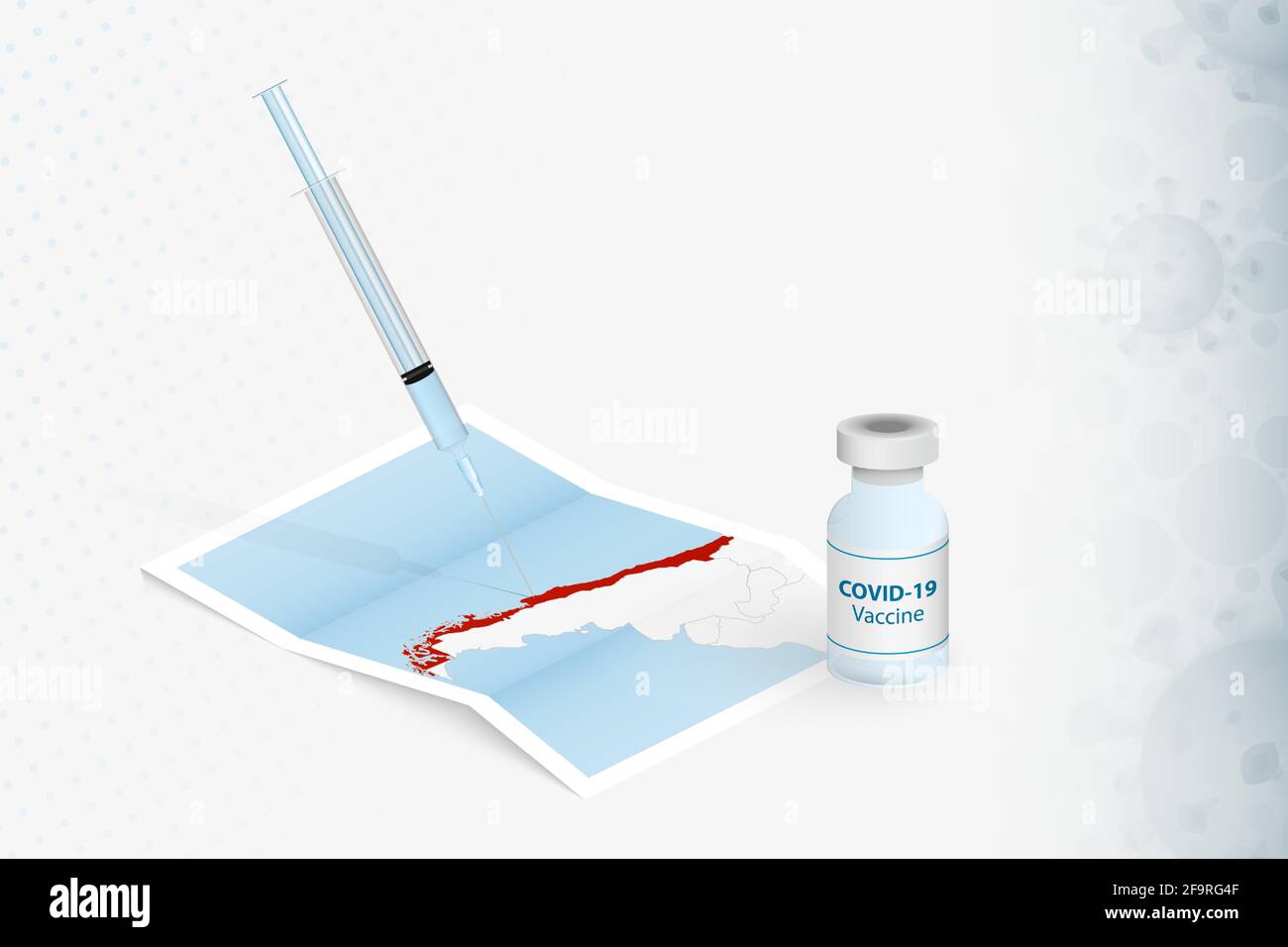 Vaccinazione del Cile, iniezione con vaccino COVID-19 in MAP del Cile. Illustrazione del concetto di vaccinazione. Illustrazione Vettoriale