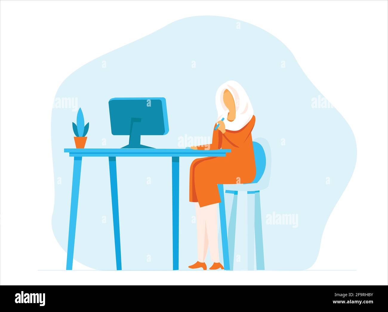 Immagine piatta di una donna su hijab che lavora sul computer Illustrazione Vettoriale