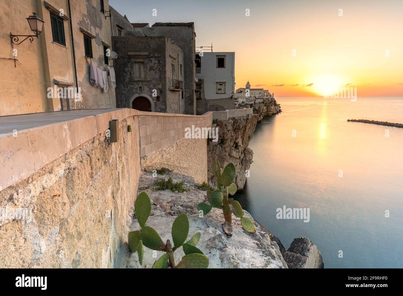 Case in pietra del centro storico di Vieste illuminate dall'alba, provincia di Foggia, Parco Nazionale del Gargano, Puglia, Italia Foto Stock