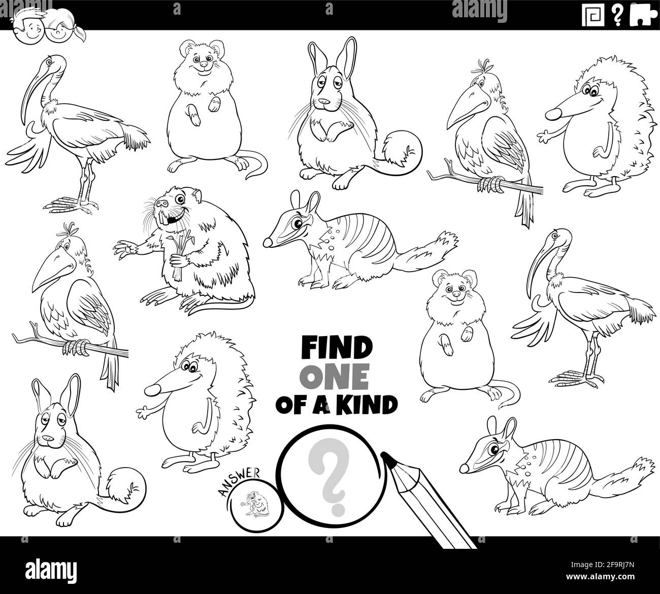 Illustrazione cartoon in bianco e nero di Find One of A. genere gioco educativo dell'immagine con libro divertente dei caratteri dell'animale da colorare pagina Illustrazione Vettoriale