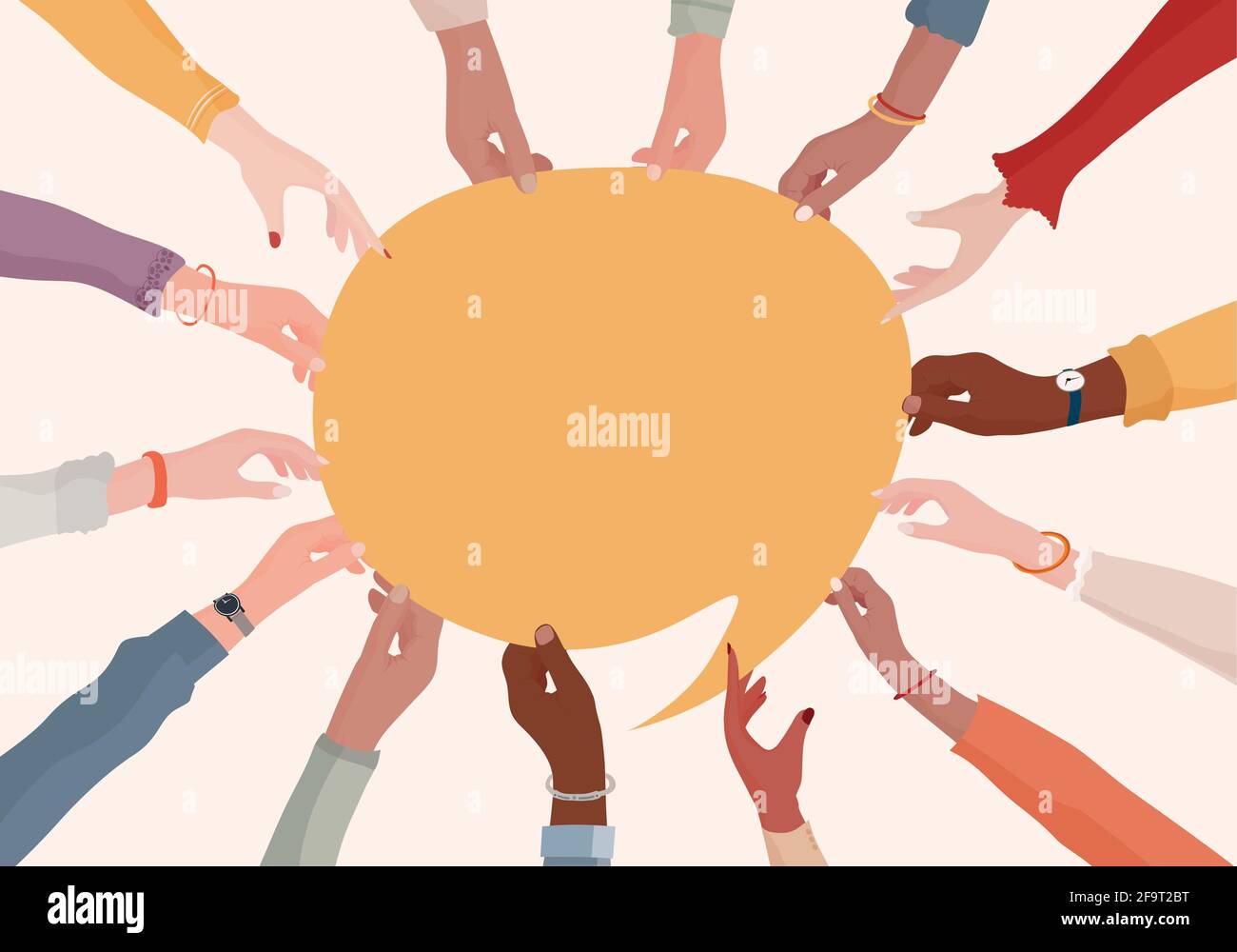 Accordo o affare tra un gruppo di colleghi o collaboratori.Arms E mani che tengono il discorso bubble.Diversity persone che si scambiano informazioni Illustrazione Vettoriale