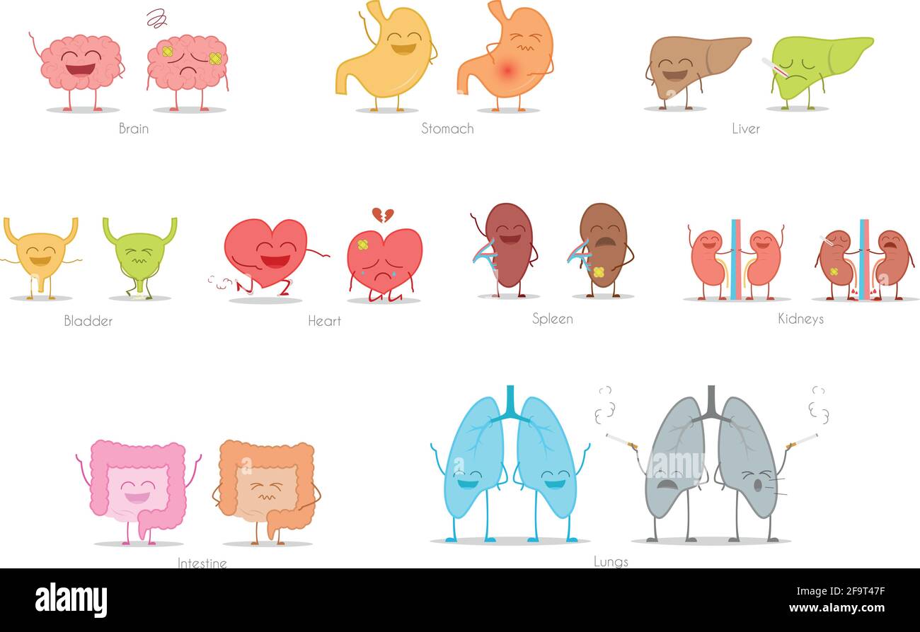 Insieme di organi umani sani e malati in stile cartoon. Illustrazione vettoriale Illustrazione Vettoriale