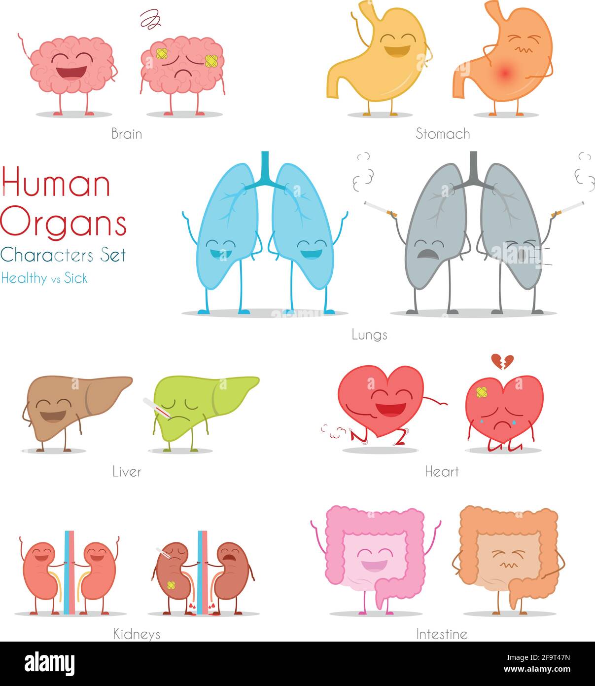 Insieme di organi umani sani e malati in stile cartoon. Illustrazione Vettoriale