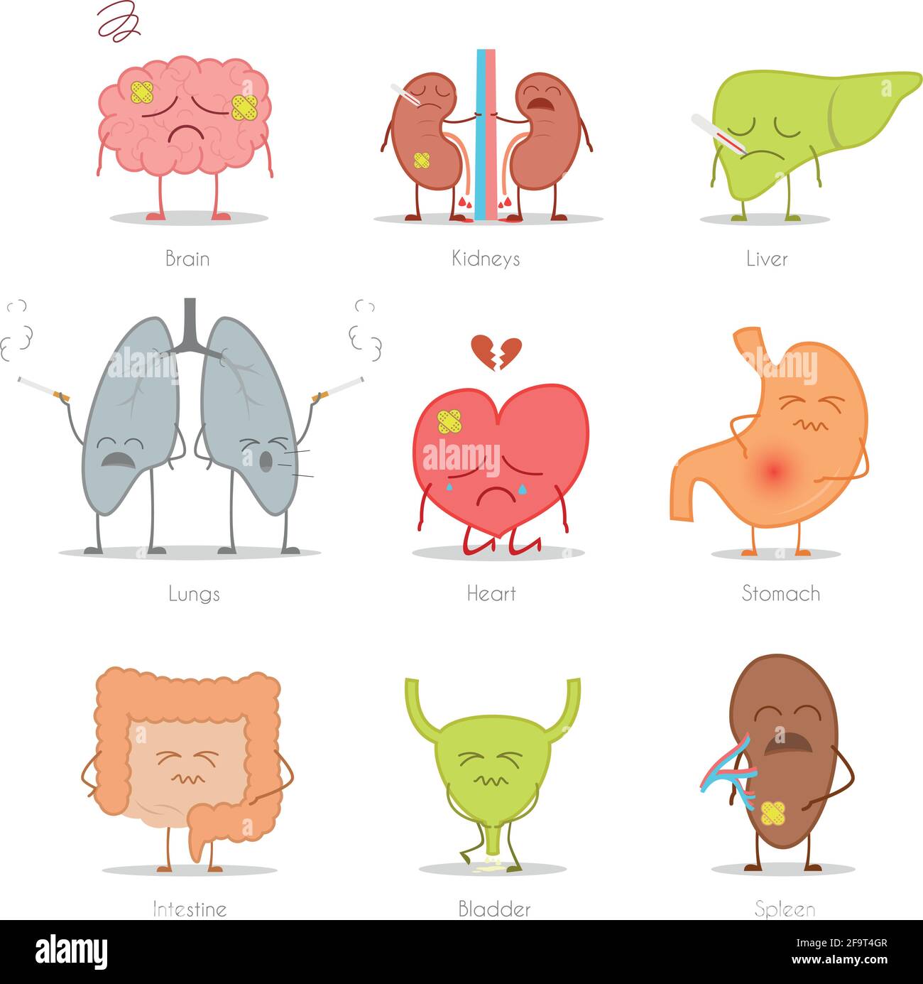Set di 9 organi umani malati in stile cartoon: Cervello, reni, fegato, polmoni, cuore, stomaco, intestino, vescica e milza. Illustrazione Vettoriale