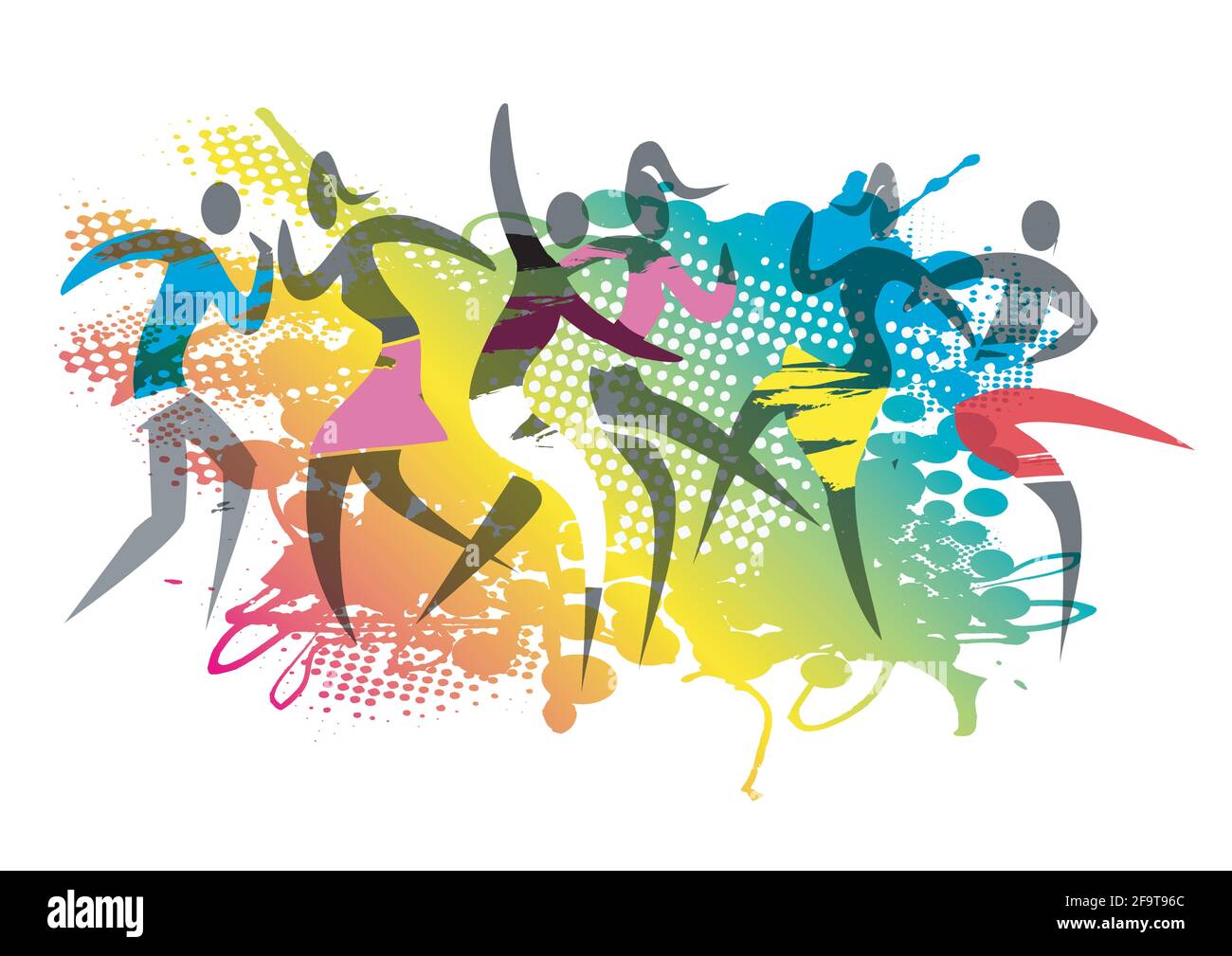 Festa di danza selvaggia, festa in spiaggia. Illustrazione espressiva e stilizzata delle persone che ballano su uno sfondo colorato e grunge. Vettore disponibile. Illustrazione Vettoriale