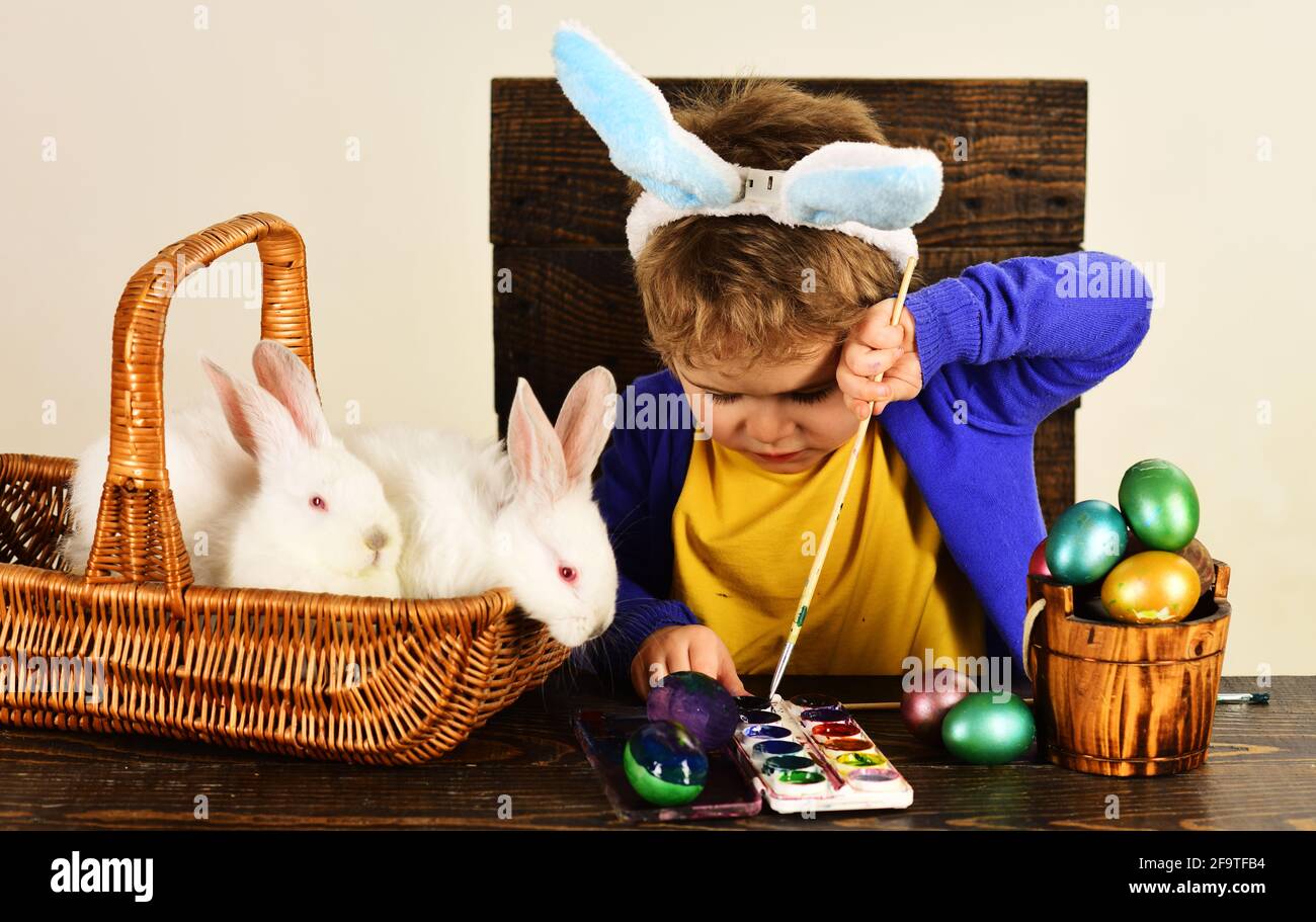 Ragazzino con gli asticchi di coniglio in cesto. Il bambino in spighe conigliate dipinge l'uovo di Pasqua. Foto Stock