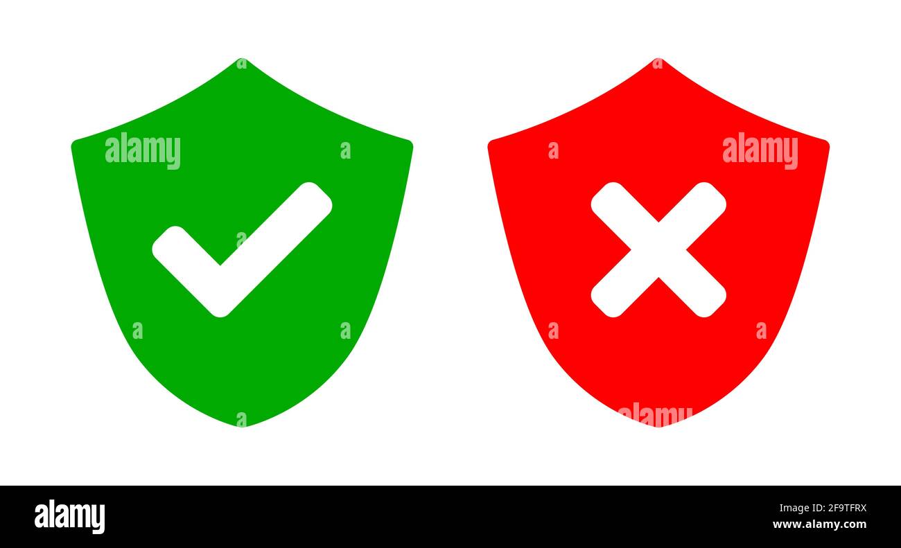 Shield Green e Red icona di sicurezza sicura e non sicura impostata con segni di spunta e X Cross. Immagine vettoriale. Illustrazione Vettoriale