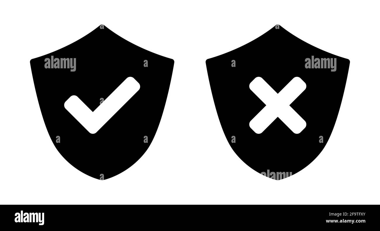 Shield Black and White icona di sicurezza sicura e non sicura impostata con segno di spunta e X segni di croce. Immagine vettoriale. Illustrazione Vettoriale