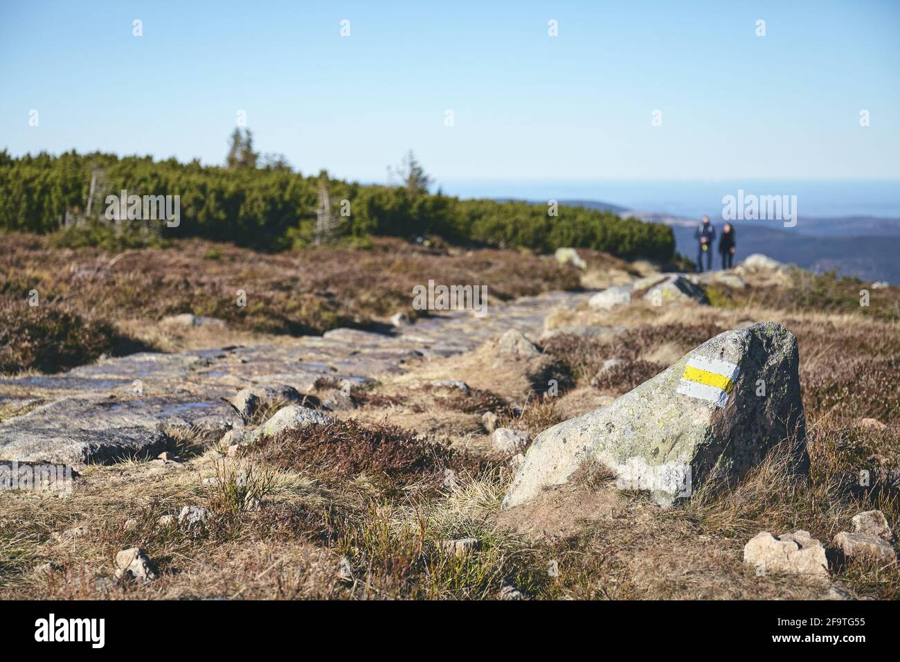 Segnavia escursionistico dipinto su una roccia, fuoco selettivo, Karkonosze National Park, Polonia. Foto Stock