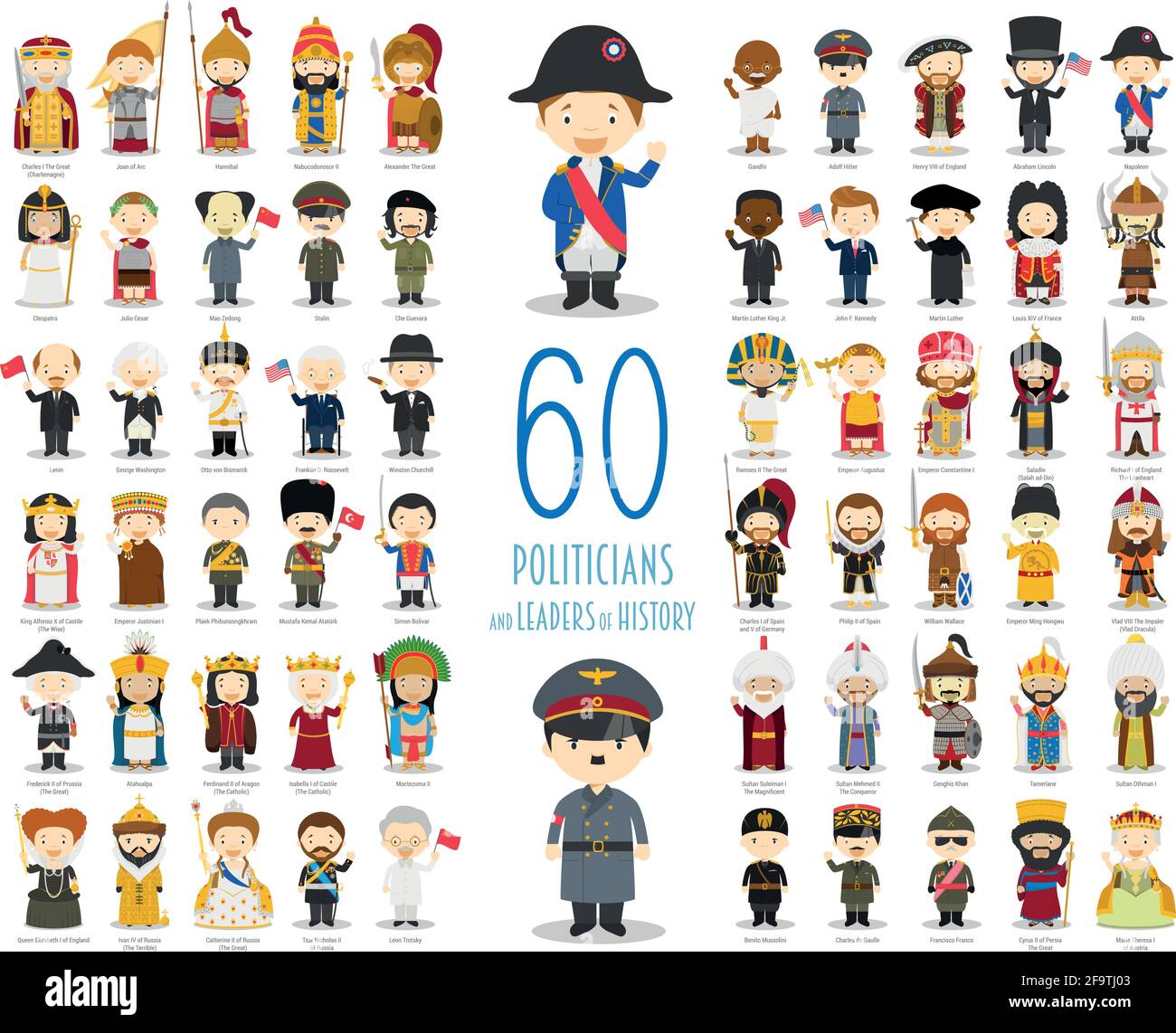 Kids Vector Characters Collection: Insieme di 60 politici e leader di storia in stile cartoon. Illustrazione Vettoriale