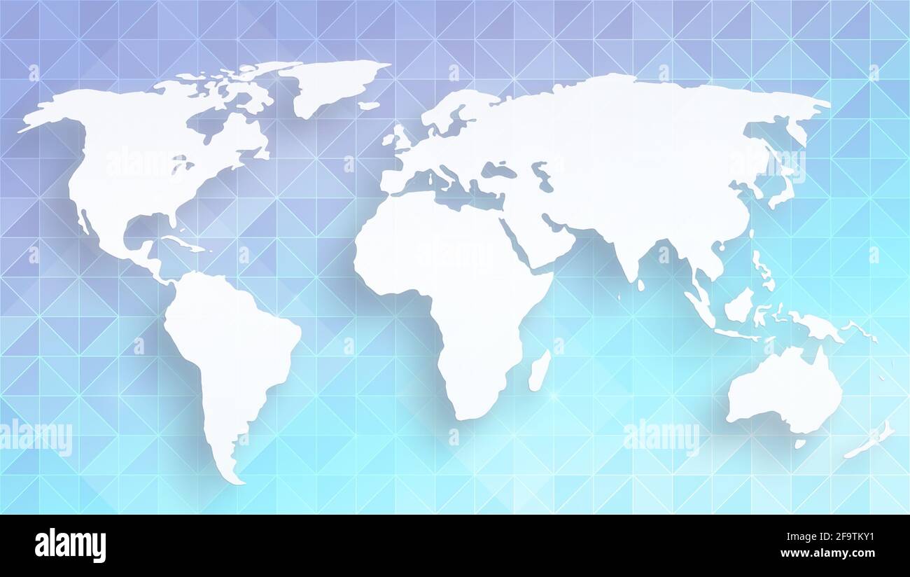 Mappa del mondo bianco trasparente su un motivo moderno di turchese vibrante e colorato, blu chiaro e triangoli viola. Foto Stock Mappa del mondo bianco trasparente su un motivo moderno di turchese vibrante e colorato, blu chiaro e triangoli viola. Foto Stock