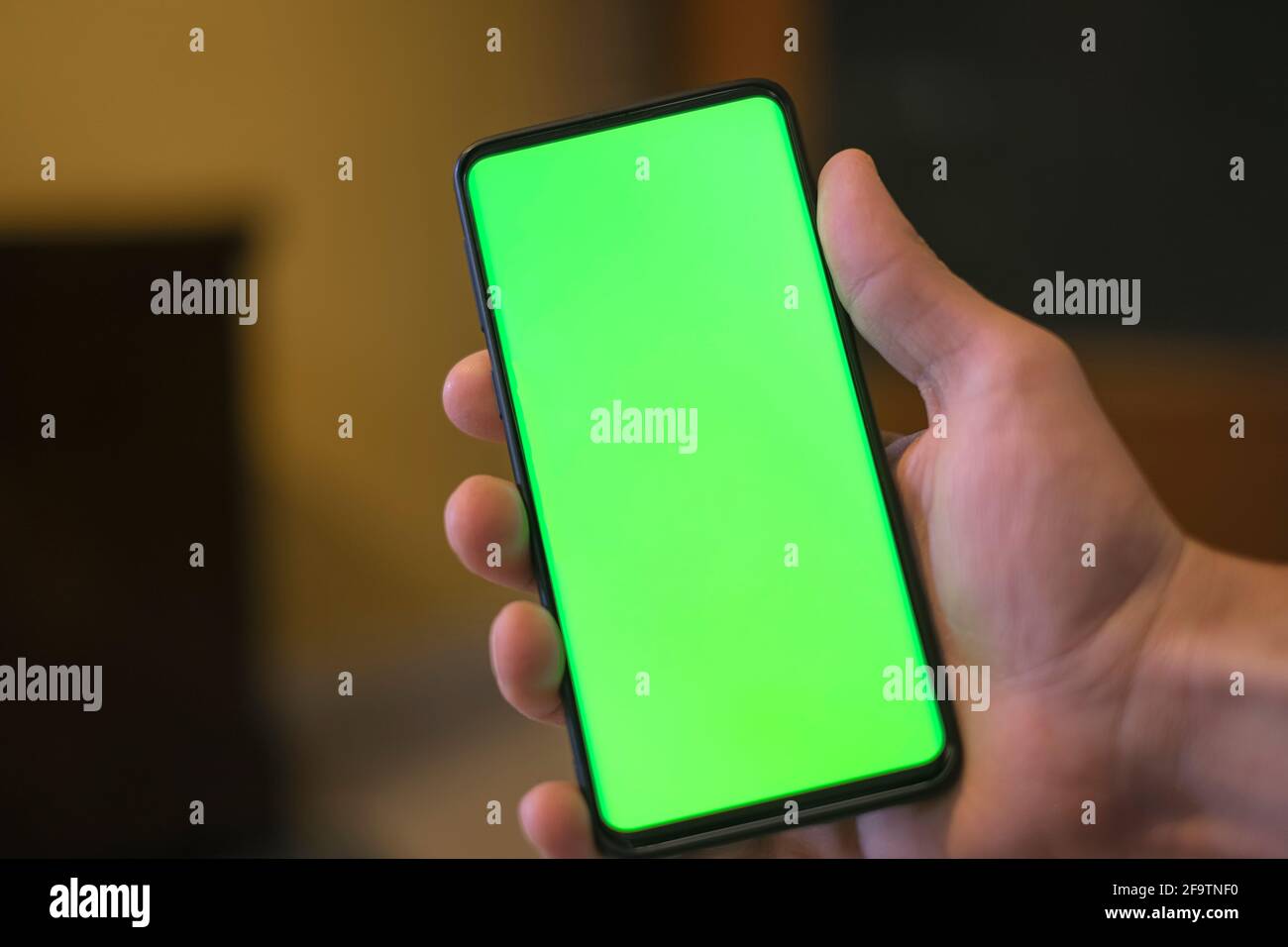 Mano umana isolata che tiene uno smartphone con schermo verde, dipendenza hi-tech concetto Foto Stock