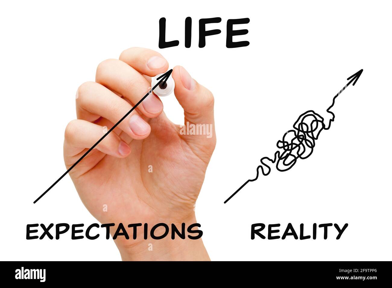 Disegno a mano concetto circa la differenza fra le aspettative di vita e la realtà. Foto Stock