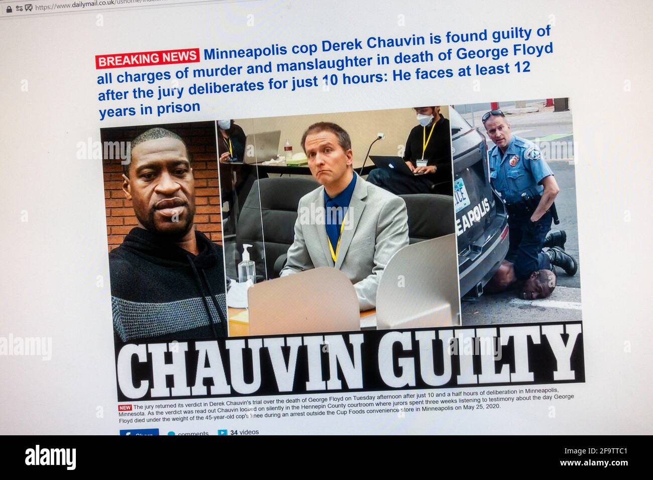 Immediata reazione web alla condanna di Derek Chauvin per l'omicidio di George Floyd sul sito web Daily Mail (mailonline), 20 aprile 2021. Foto Stock