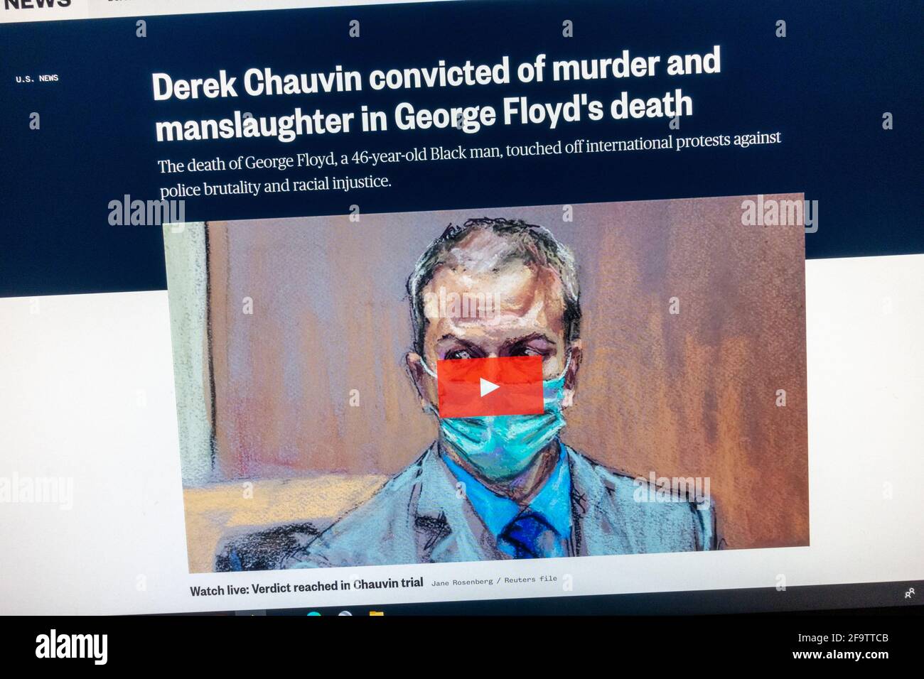 Immediata reazione web alla condanna di Derek Chauvin per l'omicidio di George Floyd sul sito web della NBC News, 20 aprile 2021. Foto Stock