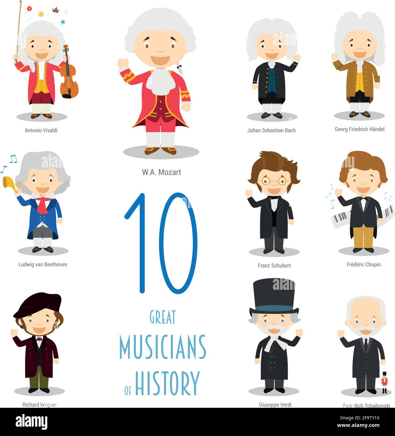 Collezione di personaggi vettoriali per bambini: Set di 10 grandi musicisti di storia in stile cartoon. Illustrazione Vettoriale