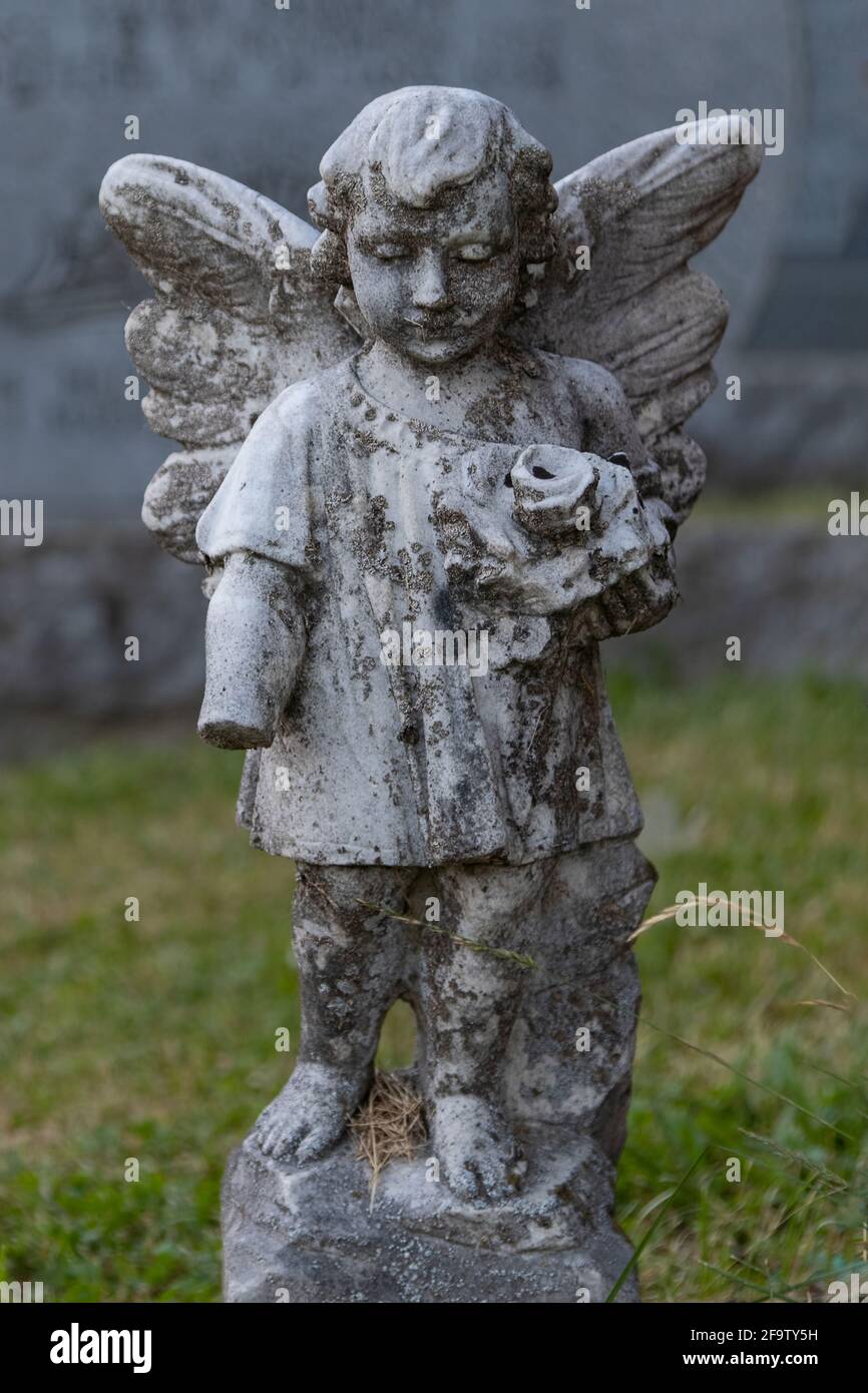 Stone Angel guardando su un tranquillo cimitero in Quebec, Canada. Gli anni di essere fuori negli elementi sono mostrati nell'usura sullo statuto e nel mancante Foto Stock