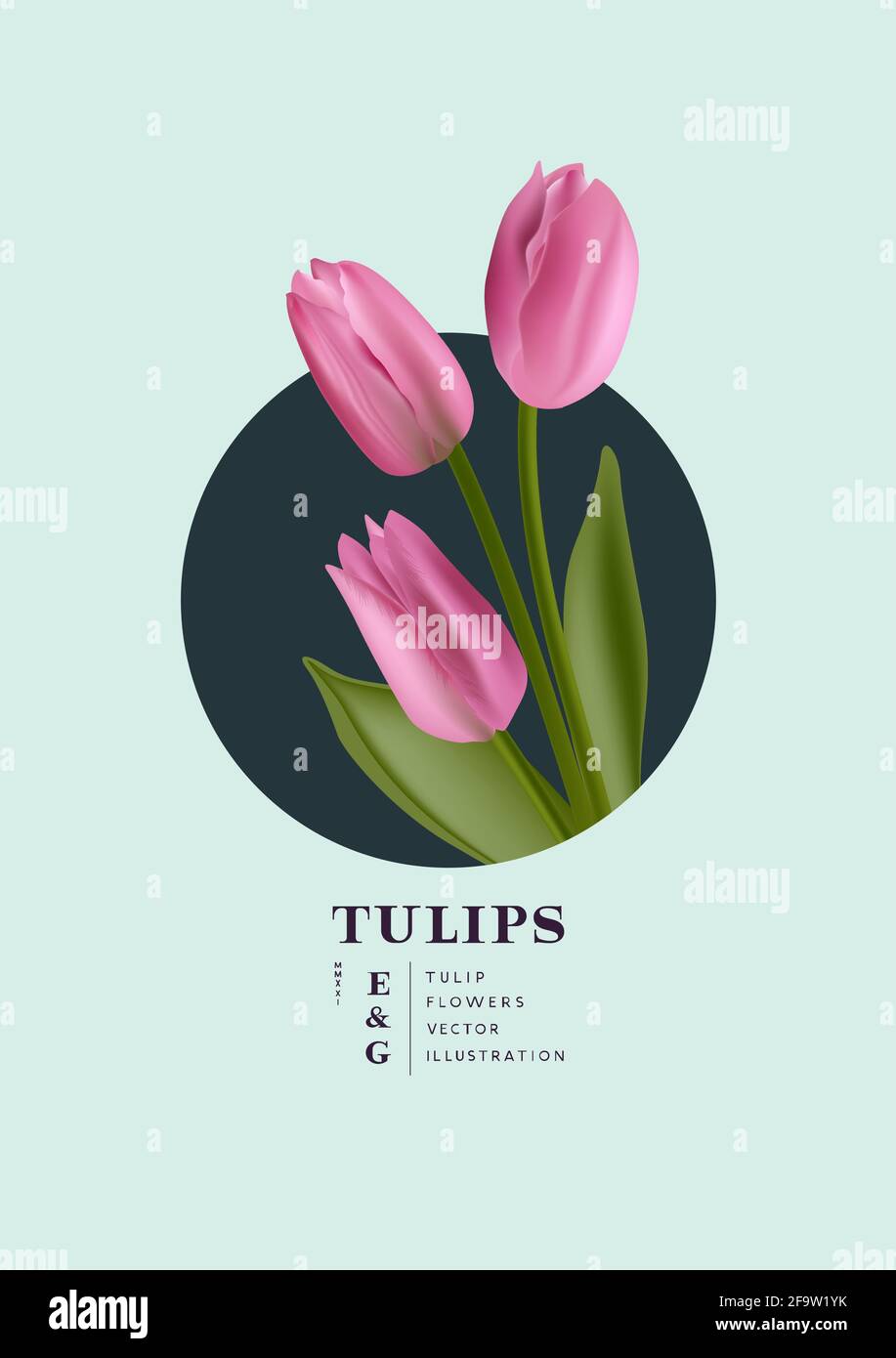 Fiori tulipani floreali realistico modello di scheda di posizionamento fiori. Illustrazione vettoriale del layout contemporaneo. Illustrazione Vettoriale