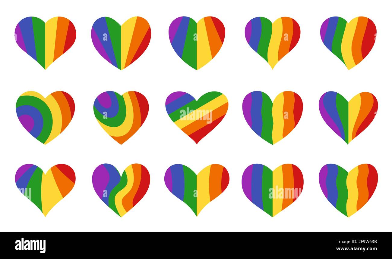 Set di icone lgbt Love. Cuori simmetrici arcobaleno. Romantico gay astratto varie forme collezione. Elemento decorativo per scheda invito. Isolato su un'illustrazione vettoriale bianca in uno stile piatto. Illustrazione Vettoriale
