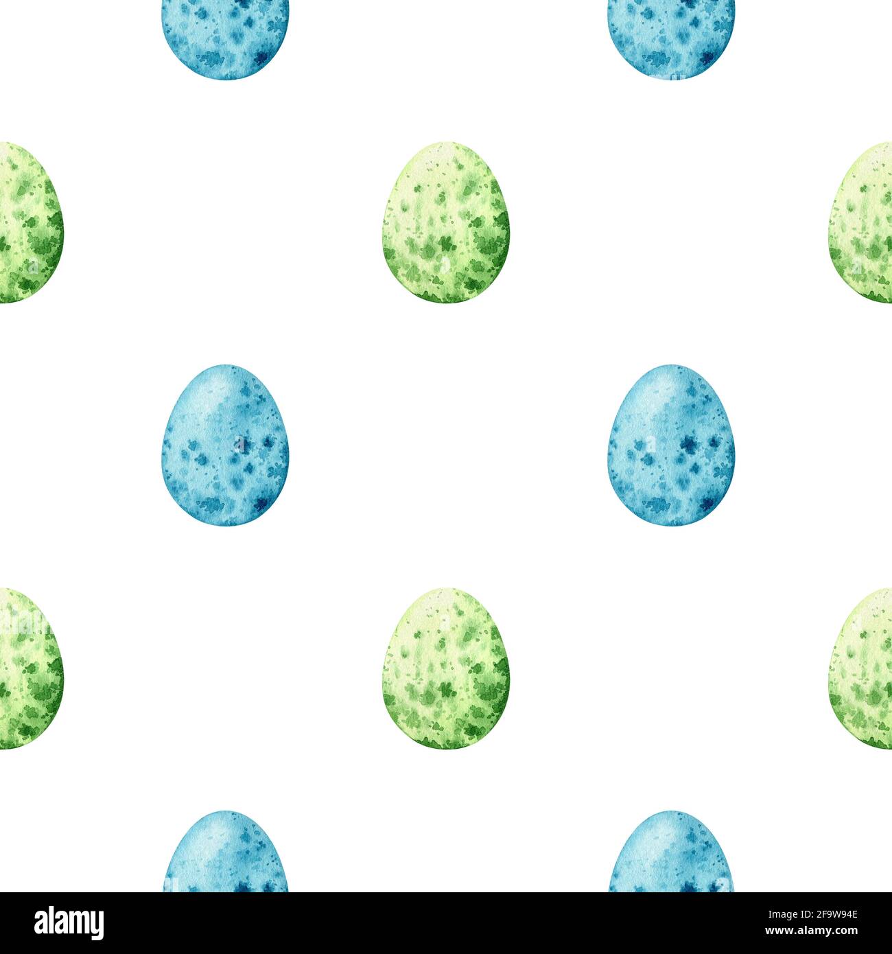 Motivo senza cuciture acquerello con uova di quaglia colorate. Sfondo di Pasqua. Illustrazione disegnata a mano. Perfetto per avvolgere carta, confezioni, stampe, decorazioni. Foto Stock