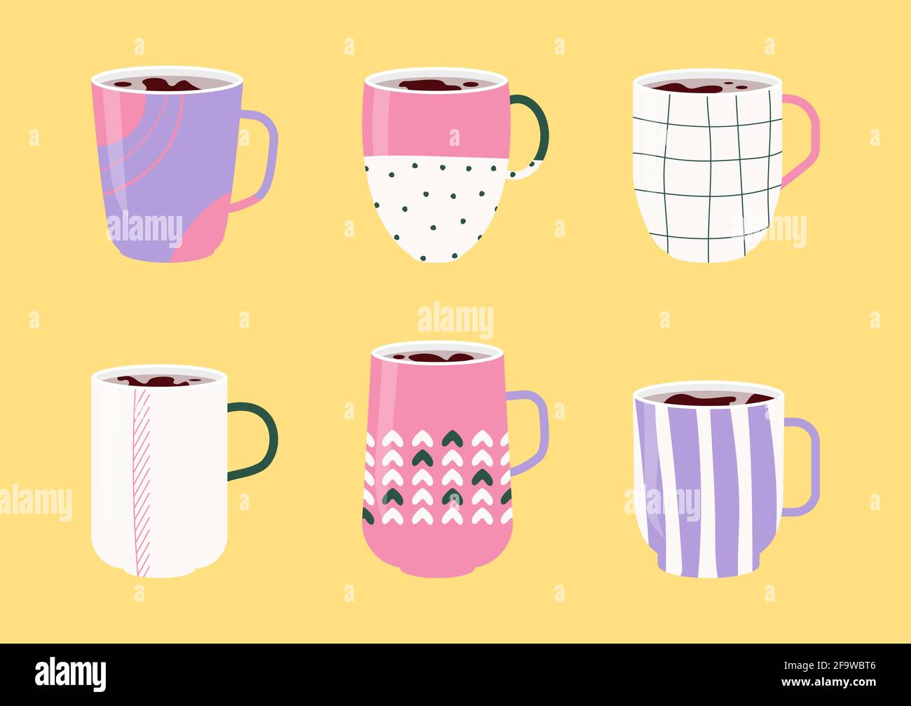 Collezione tazze colorate in ceramica. Set icone di tazze con vari ornamenti riempito con bevande, tè caldo o caffè. Doodle astratto, pattern lineare su coppa. Design in stile cartoon piatto. Illustrazione vettoriale Illustrazione Vettoriale